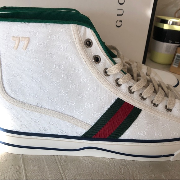 Gucci Tennis 1977 high top sneakers in white with web trim new in box men 10 - Picture 6 of 12